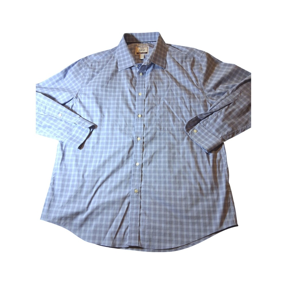 Jos. A. Bank 1905 Slim Fit Blue Gingham Dress Shirt 17-34 brrr Comfort Stretch